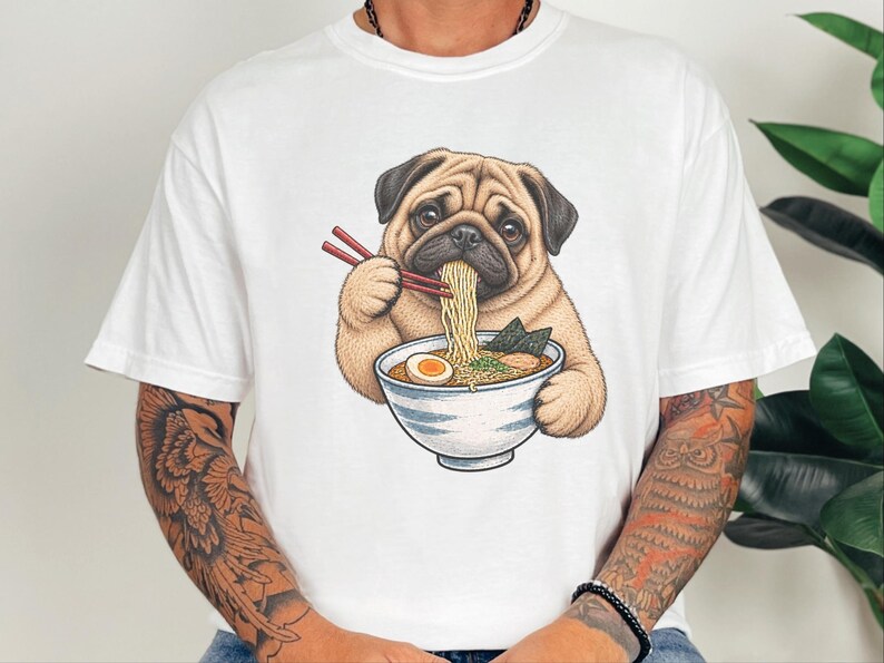 Pug Lover Shirt, Ramen Tee, Noodle Lover Gift, Pug Dad Shirt, Pug Mom Gift, Funny Dog Shirt, Japanese Food Tee, Anime Fan Shirt, Kawaii Food image 2
