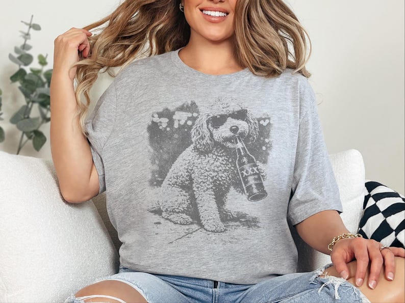 Cavapoo Drinking Beer Shirt | Funny Dog Tee, Silly Pet Portrait, Animal Lover Jumper for Cavapoo Mom, Silly Dog Shirt, Cavapoo Mom Shirt image 2