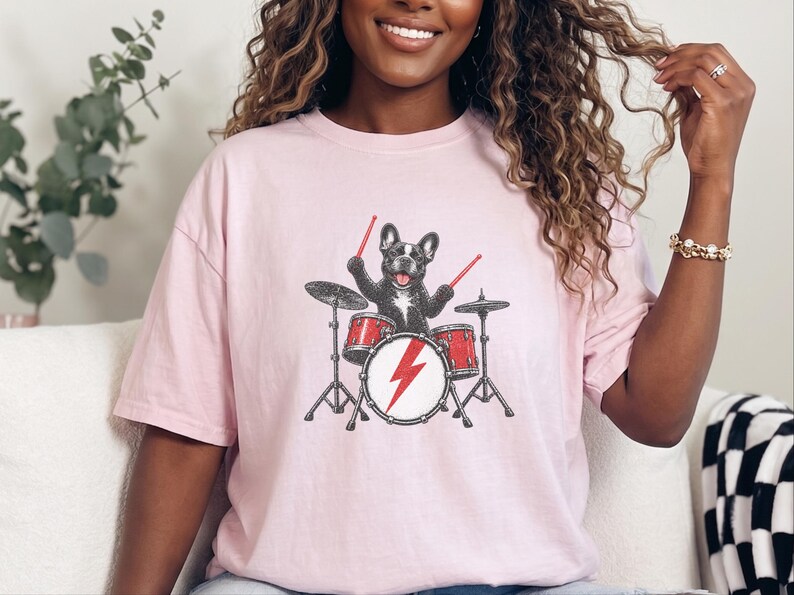 French Bulldog Shirt, Drummer Gift Idea, Rock Dog Shirt, Frenchie Graphic Tee, Percussionist Gift, Music Lover Shirt, Band Merch Tee image 5
