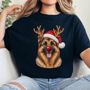 German Shepherd Christmas Sweatshirt, Holiday Dog Lover Gift, Rudolph Santa Hat Tee, German Shepherd Mom Shirt image 2