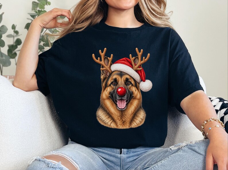 German Shepherd Christmas Sweatshirt, Holiday Dog Lover Gift, Rudolph Santa Hat Tee, German Shepherd Mom Shirt image 2
