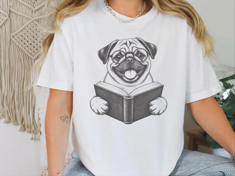 Pug Shirt, Reading Pug Dog Lover Gift, Pug Mom Shirt, Bookish Dog Tee, Librarian Shirt image 9