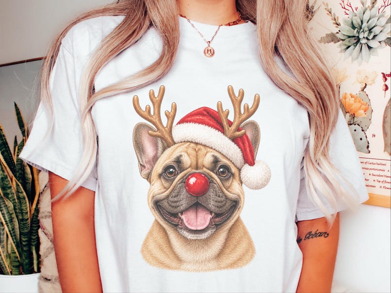 Maglietta natalizia con bulldog francese, regalo per la mamma di un cane per le feste, felpa festiva con bulldog francese, maglietta natalizia con cucciolo, per gli amanti del bulldog francese immagine 2