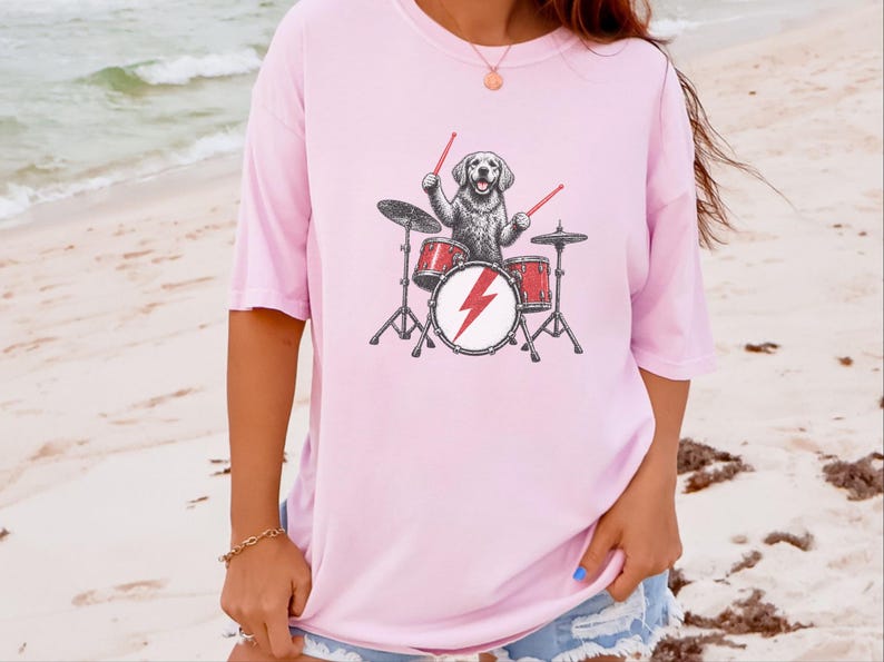 Golden Retriever Drummer Shirt, Drum Set Dog Gift, Rock Dog Tee, Musician Dad Present, Drummer Gift Idea, Rock And Roll Shirt image 4