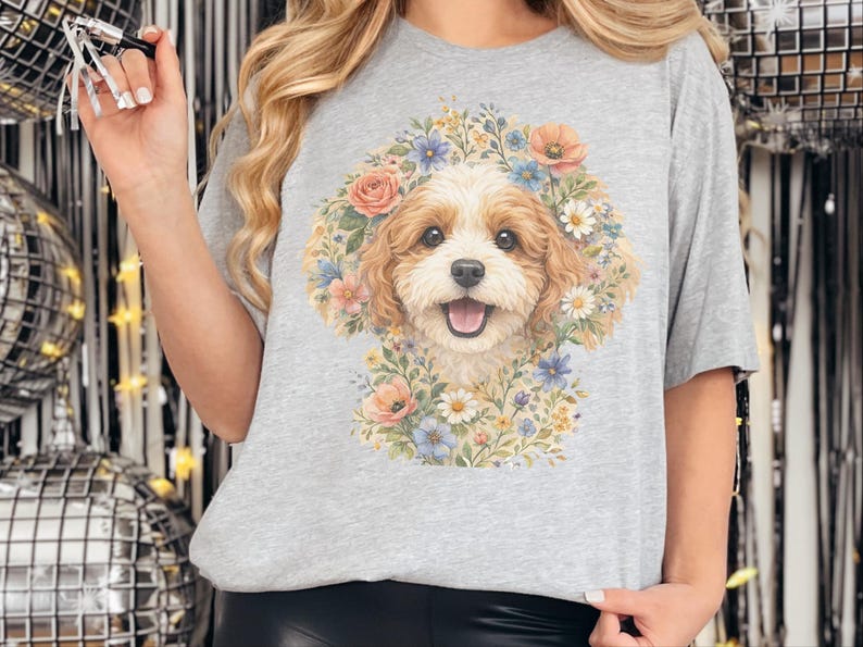 Cavapoo Mom Shirt, Cavapoo Floral Face Tee, Cute Dog Art, Dog Lover Gift for Owners, Poodle Cross Puppy, Floral Dog Design, Cavapoo Dad Gift imagen 1