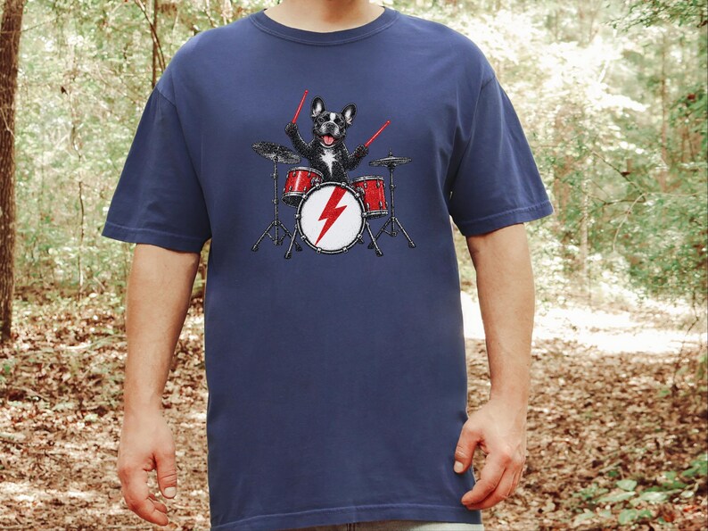French Bulldog Shirt, Drummer Gift Idea, Rock Dog Shirt, Frenchie Graphic Tee, Percussionist Gift, Music Lover Shirt, Band Merch Tee image 9