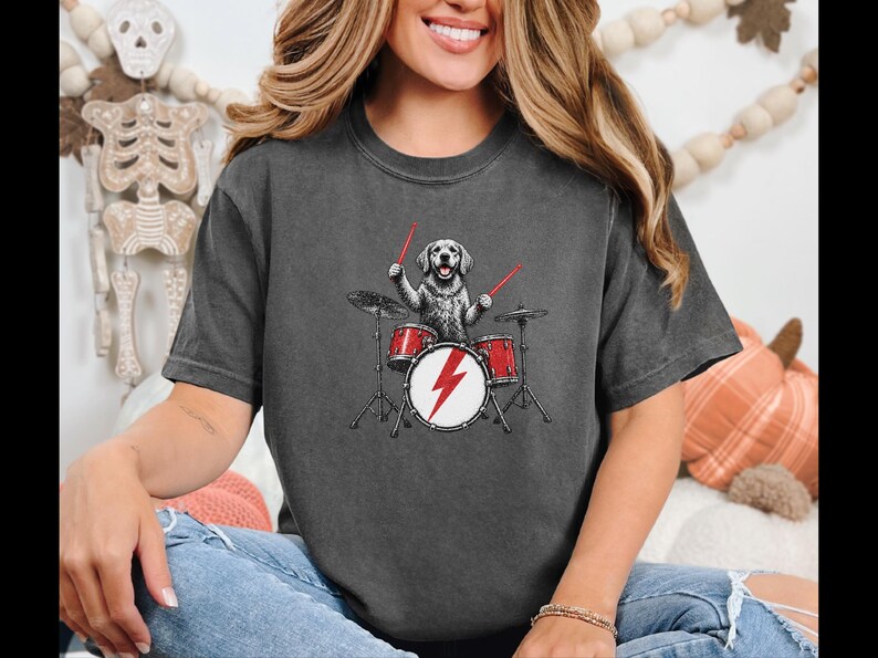 Golden Retriever Drummer Shirt, Drum Set Dog Gift, Rock Dog Tee, Musician Dad Present, Drummer Gift Idea, Rock And Roll Shirt image 10
