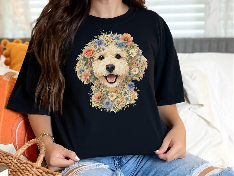 Comfort Colors Doodle Dog Gift, Golden Doodle Floral Tee, Watercolor Dog Art, Goldendoodle Owner Gift, Spring Summer, Goldendoodle Print immagine 12