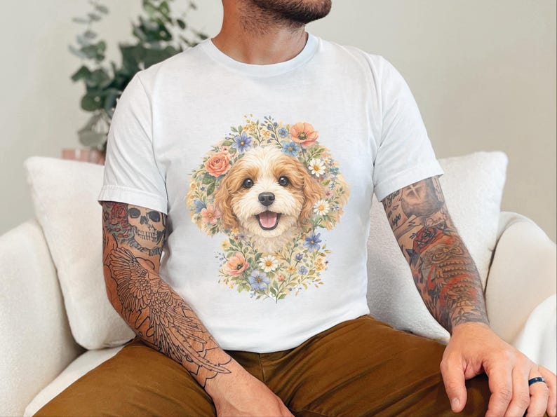 Cavapoo Mom Shirt, Cavapoo Floral Face Tee, Cute Dog Art, Dog Lover Gift for Owners, Poodle Cross Puppy, Floral Dog Design, Cavapoo Dad Gift imagen 3