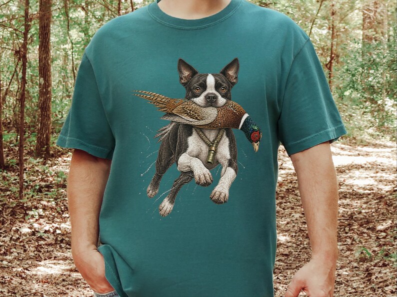 Boston Terrier Shirt, Pheasant Hunting Gift, Bird Hunter Tee, Outdoorsman Gift, Hunting Dog Shirt image 1