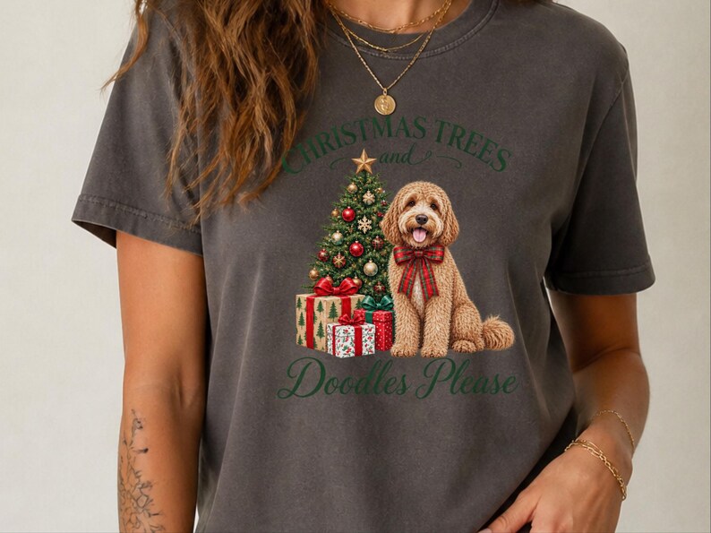 Cockapoo kerstshirt, kerstshirt voor huisdieren, cadeau voor cockapoo-liefhebbers, kerstbomen en doodles graag afbeelding 3