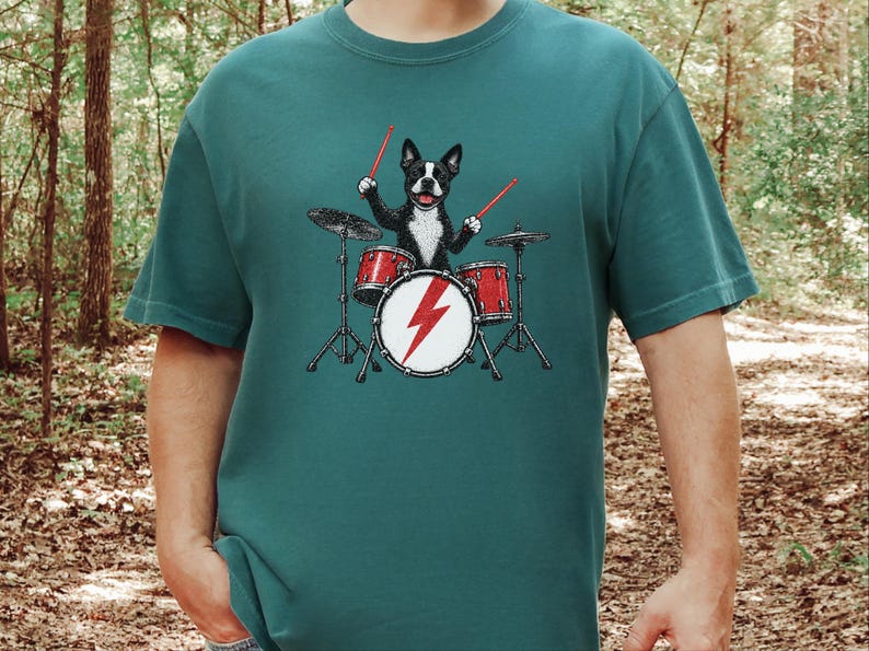 Boston Terrier Shirt, Drummer Gift Idea, Rock Dog Tee, Music Lover Present, Boston Terrier Art, Funny Dog Shirt image 5