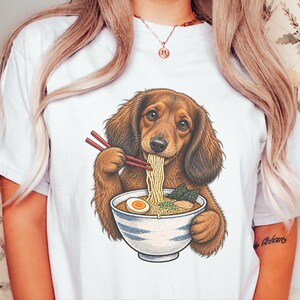 Dachshund Ramen Shirt, Wiener Dog Gift, Long Haired Doxie Tee, Japanese Food Art, Noodle Lover Shirt, Doxie Mom Gift image 6