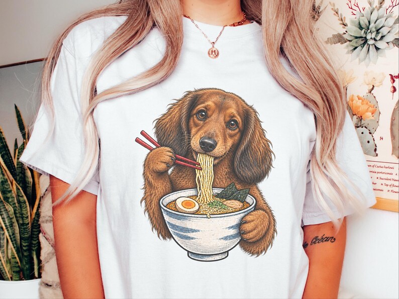 Dachshund Ramen Shirt, Wiener Dog Gift, Long Haired Doxie Tee, Japanese Food Art, Noodle Lover Shirt, Doxie Mom Gift image 6
