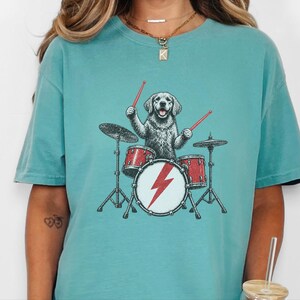 Golden Retriever Drummer Shirt, Drum Set Dog Gift, Rock Dog Tee, Musician Dad Present, Drummer Gift Idea, Rock And Roll Shirt image 2
