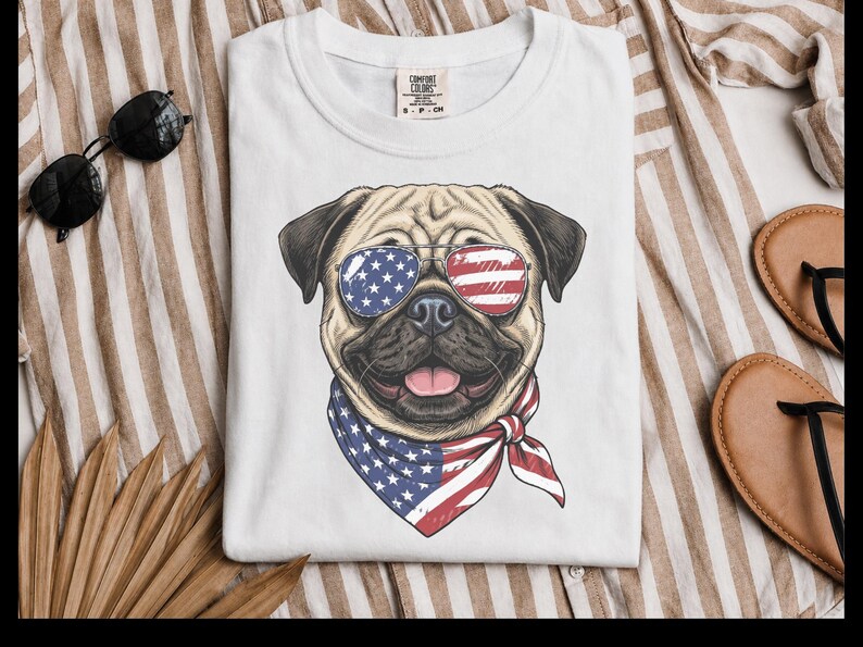 Comfort Colors Patriotisch Hondenshirt, Grappige Mopshond Sweatshirt, Patriotisch T-shirt met Amerikaanse Vlag en Mopshond, Shirt voor de Amerikaanse Onafhankelijkheidsdag (4 juli) afbeelding 3