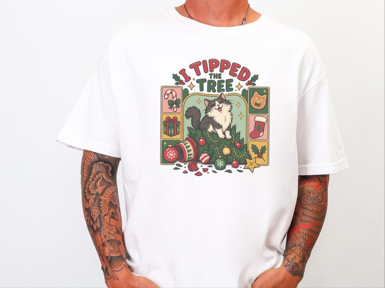 Christmas Cat Shirt, Tuxedo Cat Christmas Gift, Funny Cat Christmas Tree Tee, I Tipped The Tree Holiday Shirt, Cat Mom Shirt Gift image 1