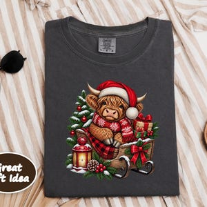 Christmas Highland Cow Sweatshirt, Santa Cow Holiday Gift, Festive Farm Animal Shirt, Winter Cow Lover Tee image 5
