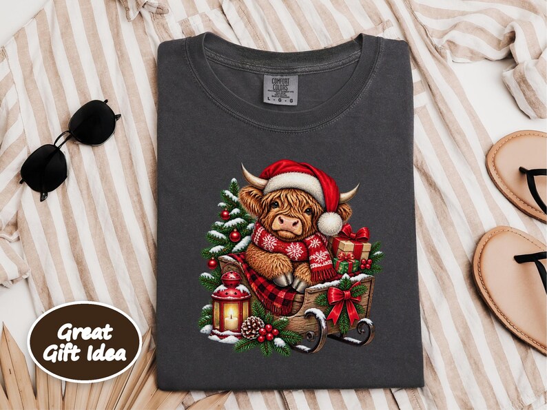 Christmas Highland Cow Sweatshirt, Santa Cow Holiday Gift, Festive Farm Animal Shirt, Winter Cow Lover Tee image 5