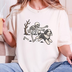 Sheepadoodle Skeleton Shirt, Spooky Dog Gift, Skeleton Dog Tee, Sheepadoodle Halloween Shirt, Funny Skeleton Dog Scene image 1