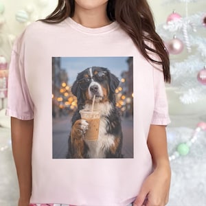 Comfort Colors Bernese Mountain Dog Iced Coffee Shirt, Cool Dog Drinking Coffee Tee, Berner Mom Dad Gifts, Summer Vacation Dog Lover Graphic image 4