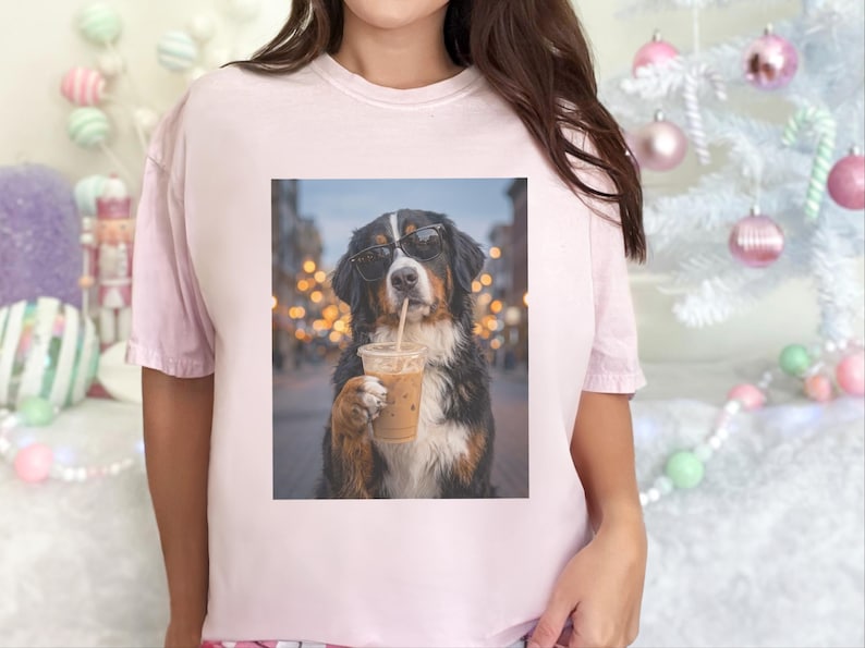 Comfort Colors Bernese Mountain Dog Iced Coffee Shirt, Cool Dog Drinking Coffee Tee, Berner Mom Dad Gifts, Summer Vacation Dog Lover Graphic image 4