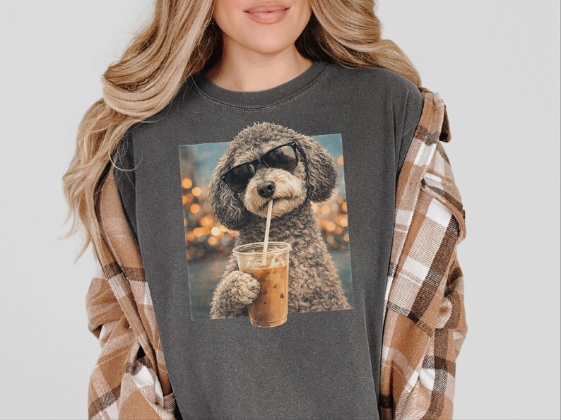Comfort Colors Schnoodle Lover Iced Coffee Dog Shirt, Dog Drinking Coffee Tee, Schnoodle Mom Dad Gift, Cute Doodle Graphic Top, T-shirt image 1