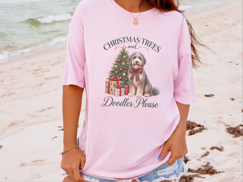 Aussiedoodle jultröja, julklapp för husdjursälskare, julgranar och klotter tack, hundmamma-tröja, festlig valptröja bild 3