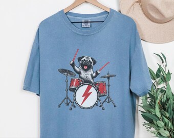 Rockstar Pug Drummer Shirt, Funny Pug Gift For Drummer, Music Lover Tee, Rock Dog Shirt, Dog Drummer Outfit