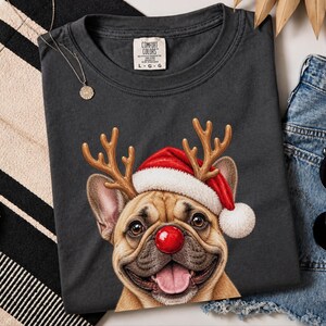 Maglietta natalizia con bulldog francese, regalo per la mamma di un cane per le feste, felpa festiva con bulldog francese, maglietta natalizia con cucciolo, per gli amanti del bulldog francese immagine 3