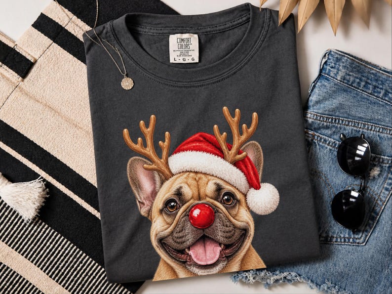 Maglietta natalizia con bulldog francese, regalo per la mamma di un cane per le feste, felpa festiva con bulldog francese, maglietta natalizia con cucciolo, per gli amanti del bulldog francese immagine 3