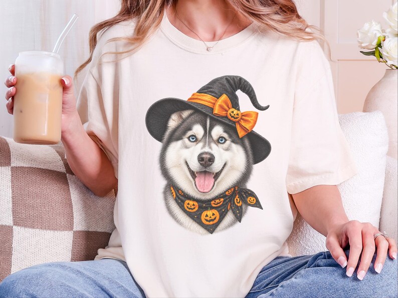 Halloween Husky Shirt, Husky Dog Mom Gift, Spooky Witch Dog Tee, Pet Lover Halloween Shirt image 8
