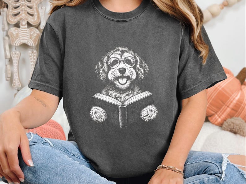 Schnoodle Reading Shirt, Bookish Dog Tee, Schnoodle Mom Gift, Dog Lover Book Shirt, Library Reader Tee image 1