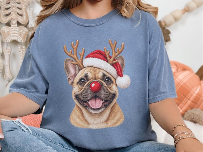 Maglietta natalizia con bulldog francese, regalo per la mamma di un cane per le feste, felpa festiva con bulldog francese, maglietta natalizia con cucciolo, per gli amanti del bulldog francese immagine 8
