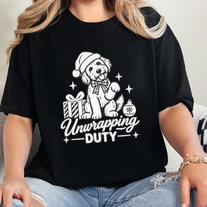 Christmas Goldendoodle Shirt, Goldendoodle Christmas Gift, Dog Mom Holiday Tee, Unwrapping Duty Sweatshirt, Doodle Lover Present image 1