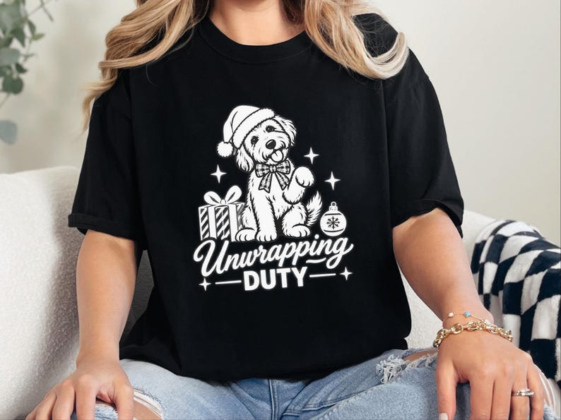 Christmas Goldendoodle Shirt, Goldendoodle Christmas Gift, Dog Mom Holiday Tee, Unwrapping Duty Sweatshirt, Doodle Lover Present image 1
