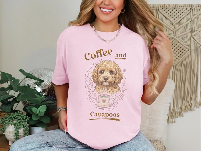 Comfort Colors Cavapoo Mom Shirt, Coffee And Cavapoos Tee, Dog Owner Gift, Pet Parent Present, Block Print Style Apparel, Cavapoo Owner Gift image 9