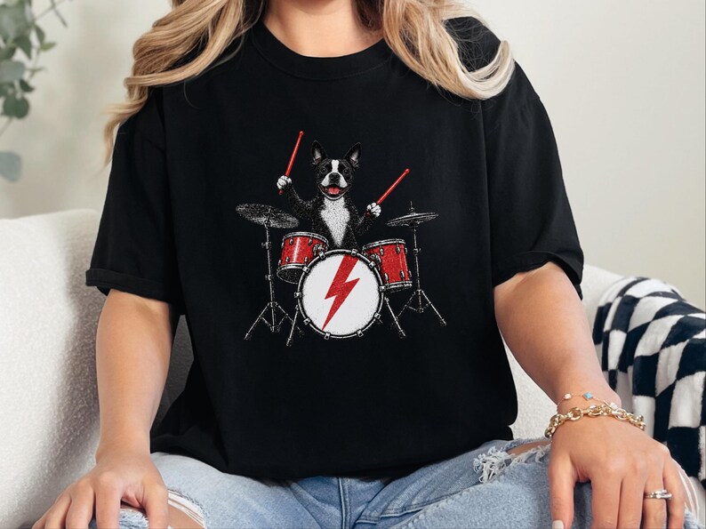 Boston Terrier Shirt, Drummer Gift Idea, Rock Dog Tee, Music Lover Present, Boston Terrier Art, Funny Dog Shirt image 6