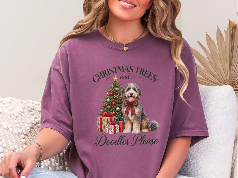 Aussiedoodle jultröja, julklapp för husdjursälskare, julgranar och klotter tack, hundmamma-tröja, festlig valptröja bild 1