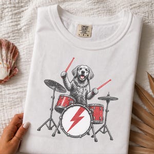 Golden Retriever Drummer Shirt, Drum Set Dog Gift, Rock Dog Tee, Musician Dad Present, Drummer Gift Idea, Rock And Roll Shirt image 7