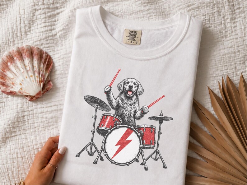 Golden Retriever Drummer Shirt, Drum Set Dog Gift, Rock Dog Tee, Musician Dad Present, Drummer Gift Idea, Rock And Roll Shirt image 7