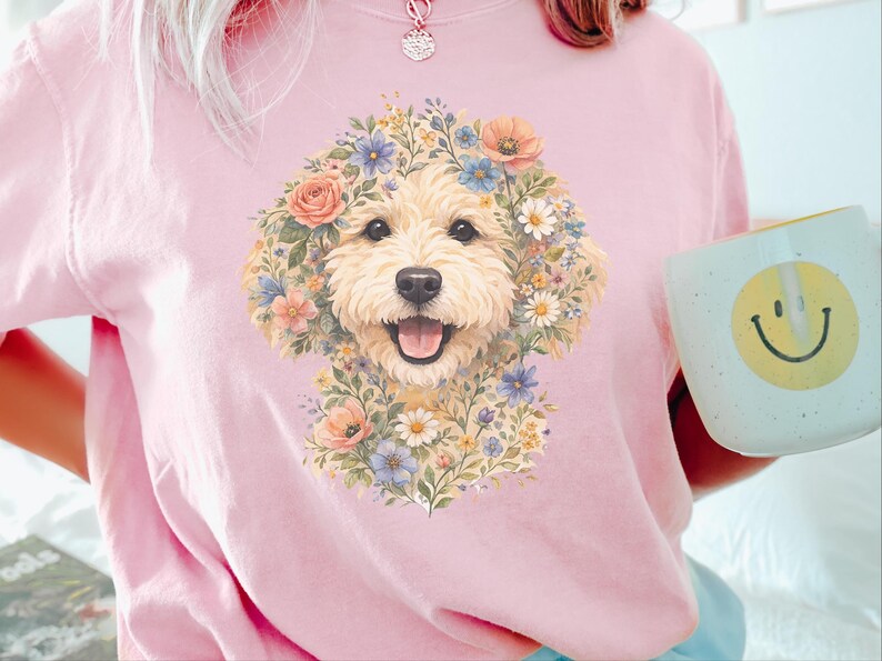 Comfort Colors Doodle Dog Gift, Golden Doodle Floral Tee, Watercolor Dog Art, Goldendoodle Owner Gift, Spring Summer, Goldendoodle Print immagine 2