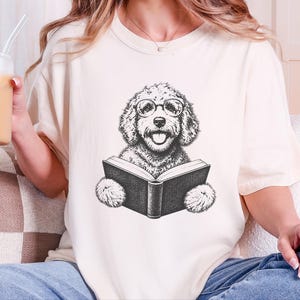 Goldendoodle Shirt, Book Lover Gift, Dog Reading Shirt, Doodle Mom Gift, Bookish Dog Tee, Vintage Doodle Shirt, Reader Gift image 3