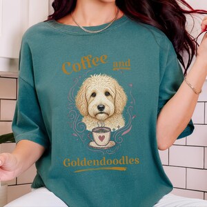 Comfort Colors Coffee Dog Shirt, Goldendoodle Art Tee, Coffee And Goldendoodles Print, Dog Mama Coffee Lover, Whimsical Pet Graphic Tee image 3