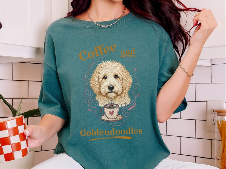 Comfort Colors Coffee Dog Shirt, Goldendoodle Art Tee, Coffee And Goldendoodles Print, Dog Mama Coffee Lover, Whimsical Pet Graphic Tee image 3
