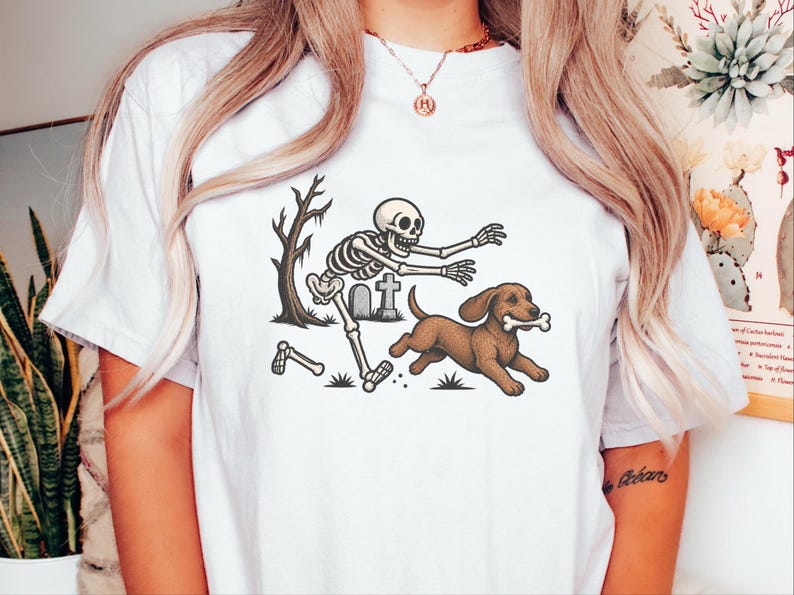 Halloween T-shirt met Teckel, cadeau met skelethond, Halloween T-shirt met Doxie-print, T-shirt met Wienerhond, grappig griezelig Doberman-shirt afbeelding 1