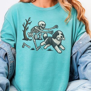 Sheepadoodle Skeleton Shirt, Spooky Dog Gift, Skeleton Dog Tee, Sheepadoodle Halloween Shirt, Funny Skeleton Dog Scene image 7