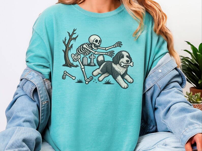 Sheepadoodle Skeleton Shirt, Spooky Dog Gift, Skeleton Dog Tee, Sheepadoodle Halloween Shirt, Funny Skeleton Dog Scene image 7