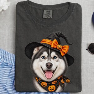 Halloween Husky Shirt, Husky Dog Mom Gift, Spooky Witch Dog Tee, Pet Lover Halloween Shirt image 3