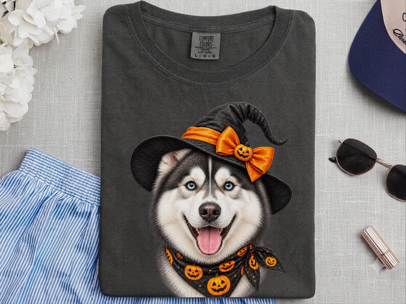 Halloween Husky Shirt, Husky Dog Mom Gift, Spooky Witch Dog Tee, Pet Lover Halloween Shirt image 3